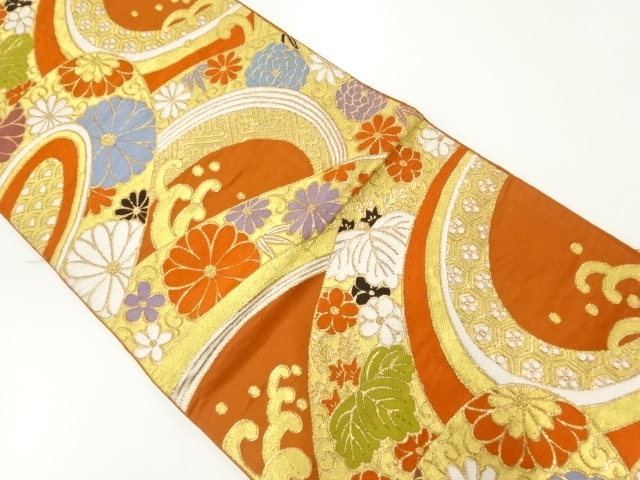 JAPANESE KIMONO / ANTIQUE FUKURO OBI / WOVEN RAGING WAVES & FLOWER